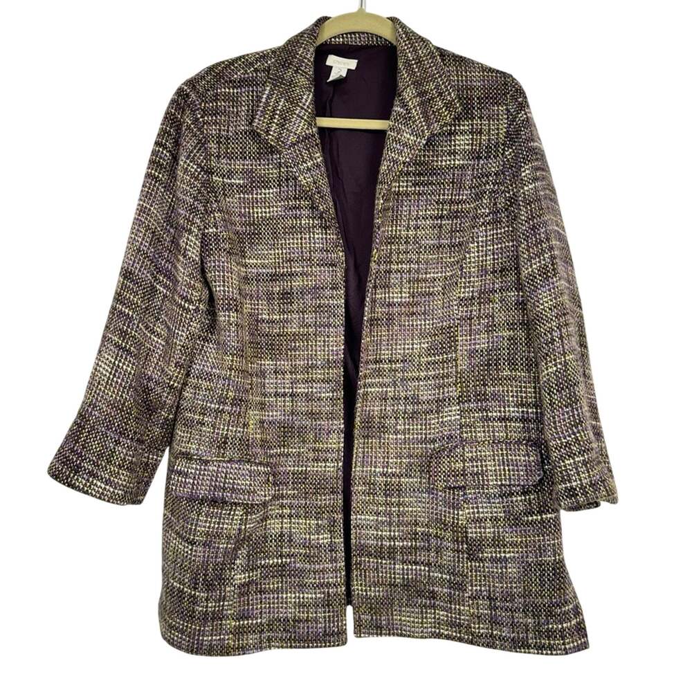 Chicos Purple Green Tweed Plaid Blazer Jacket Womens L Preppy Longline Fall